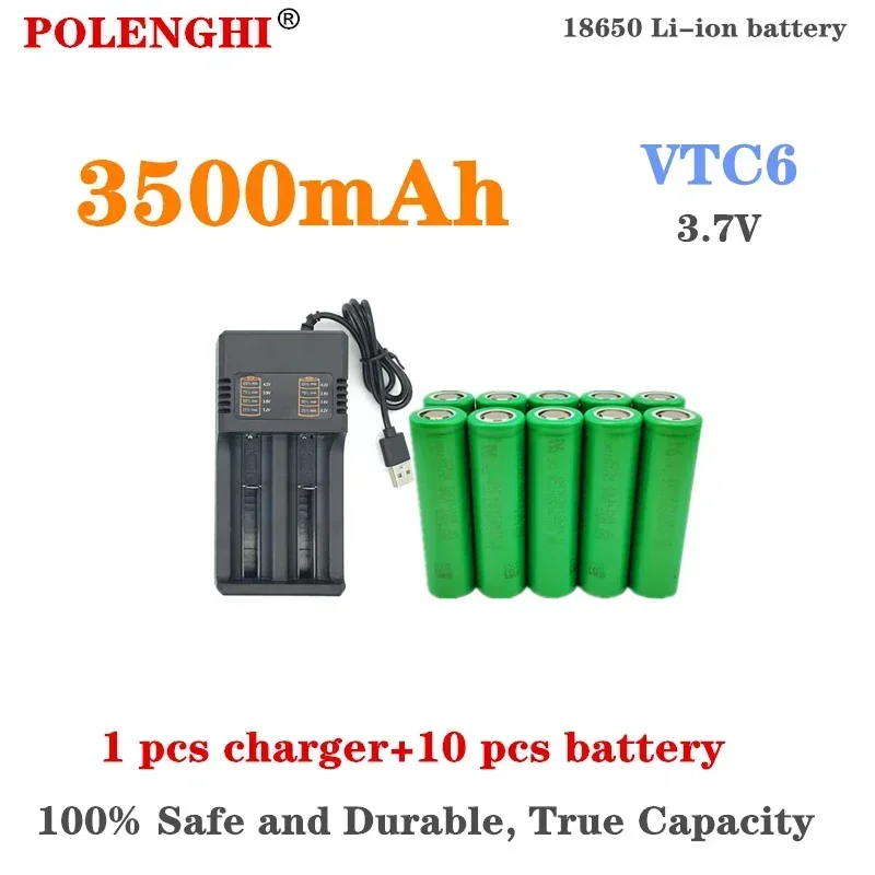 100% true capacity 3.7V 3500mAh 18650 VTC6 flat top rechargeable lithium-ion battery, suitable for electric toy flashlights