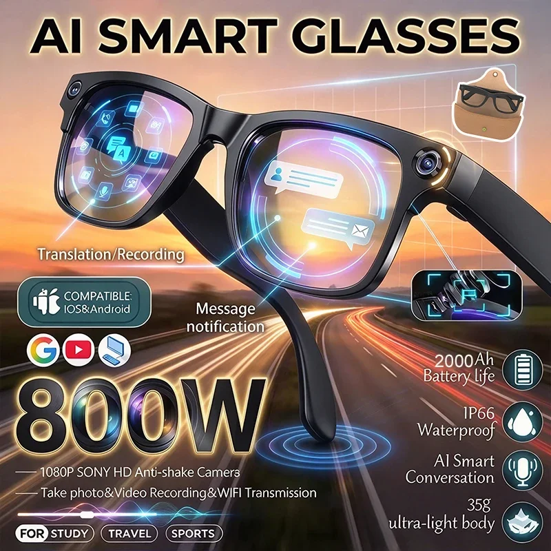 800W AI Smart Glasses With Camera Video Recording Language Translation Bluetooth Call Charging Case Photo Recognition Sunglasses