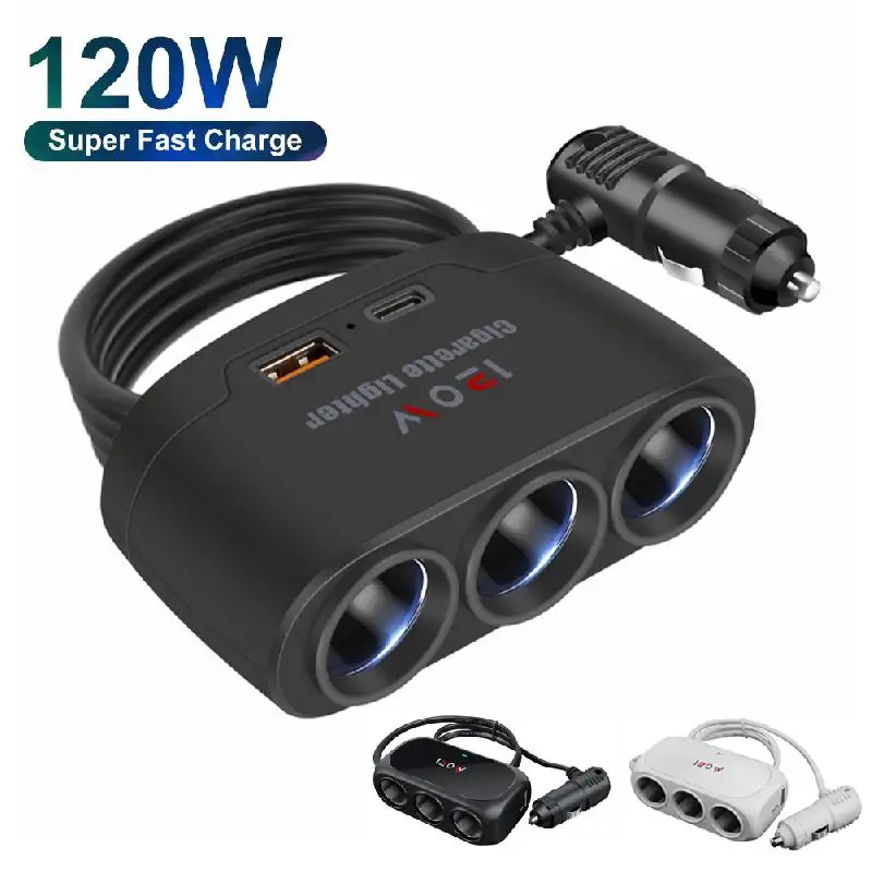 120W Car Charger Adapter 12V 24V 3 Socket Cigarette Lighter Splitter Dual USB LED Car Fast Charger For IPhone IPad GPS Dashcam