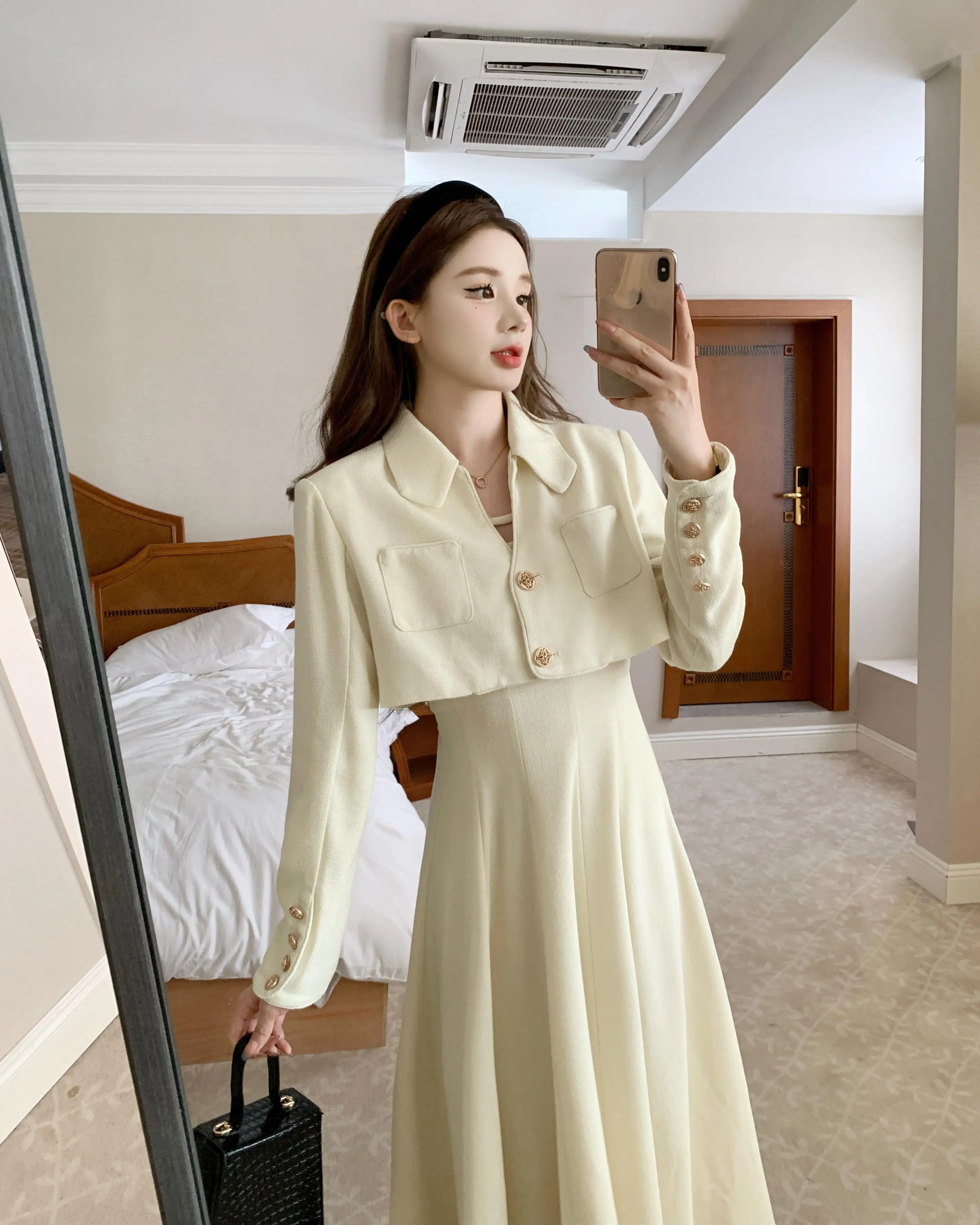 Women\'s Small Fragrant Style Short Woolen Blazer Suspender Skirt Set French Solid Color Woolen Coat A-line Dress Two-piece Set