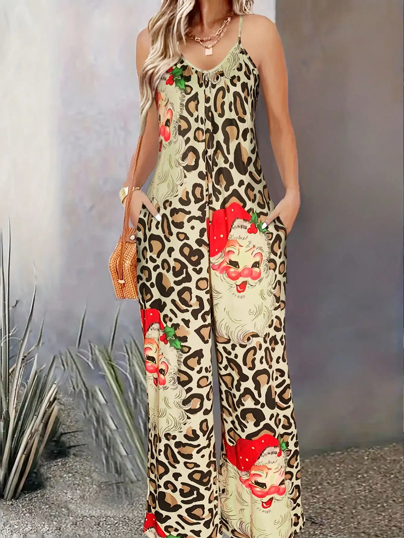 Christmas Women's Spaghetti Strap Jumpsuit, Leopard Print with Santa Claus Pattern, Wide Leg, Holiday Party Outfit