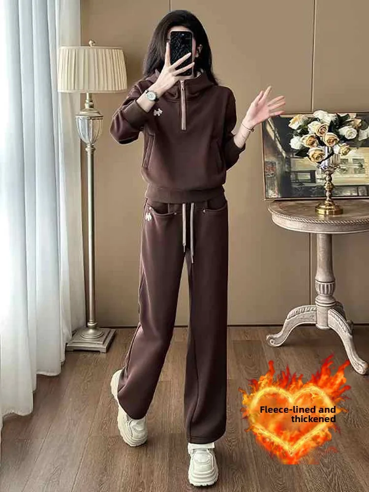 

Thiened Fce Hooded Sweatirt Wide Leg Pants Casual Set Women's Autumn Winter Faion Comfortable Zipper Design Two Pieces