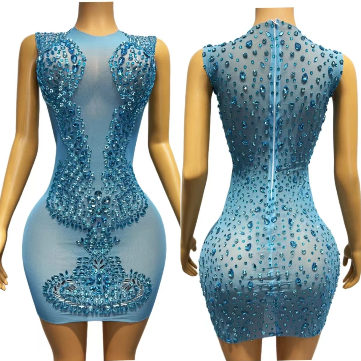 

High-end Sparkly Sky Blue Rhinestone Mesh Mini Dress Celebrate Prom Tight Fitting Short Dress Birthday Photo Shoot Wear Bingdian