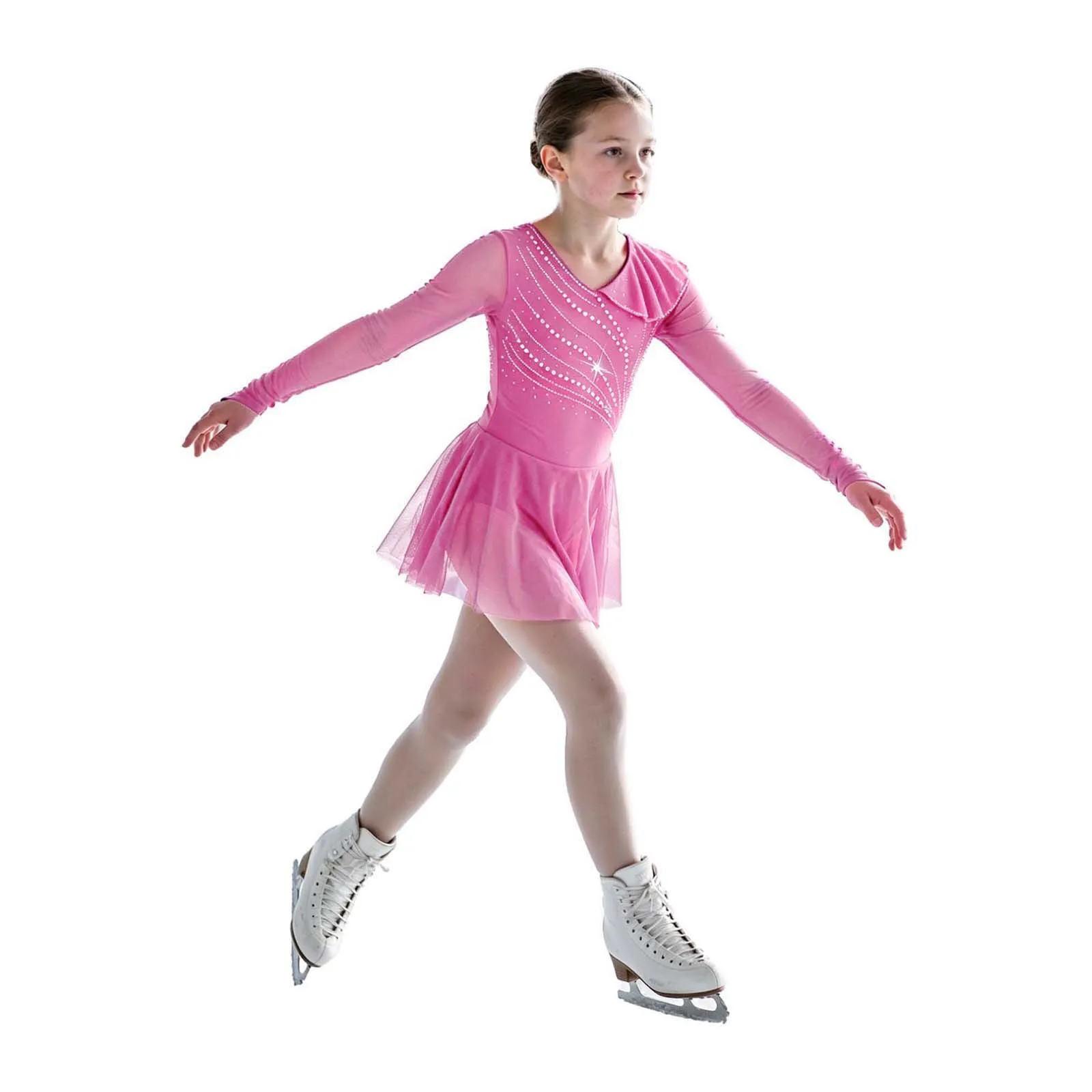 Girls Figure Skating Dance Costume Ballet Rhythmic Gymnastics Modern Dancewear Long Sleeves Shiny Rhinestone Mesh Dress Leotard