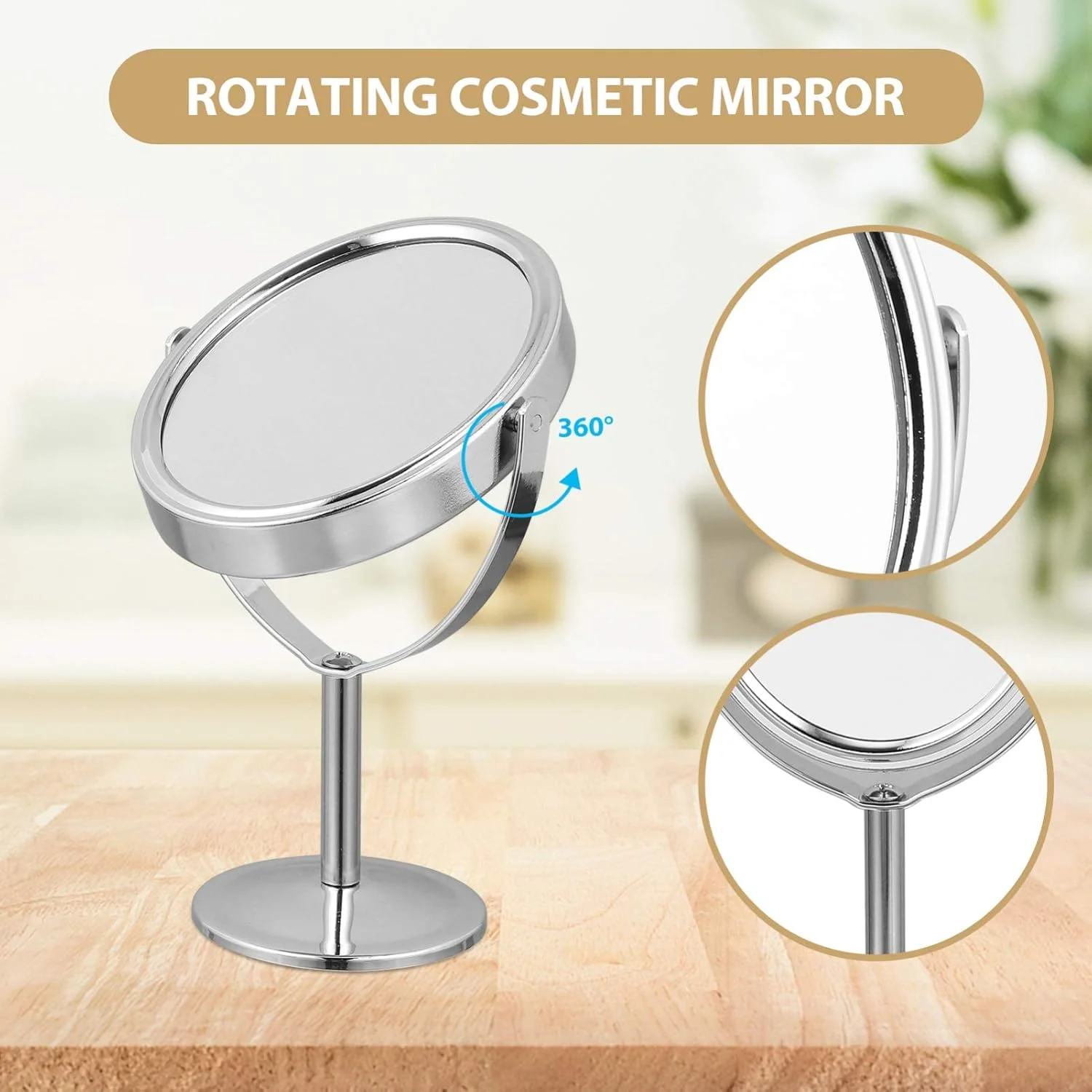 Desktop Swivel Bathroom  Magnifying  Vanity  with Stand Desk  Rotatable Double- Sided Round Swivel   Metal Frame  (Silver)