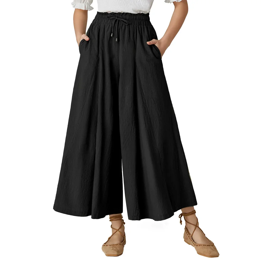 SD pantalones de pierna ancha renacentistas para mujer, cintura con cordón, bolsillos de costura lateral abierta, longitud hasta el tobillo,