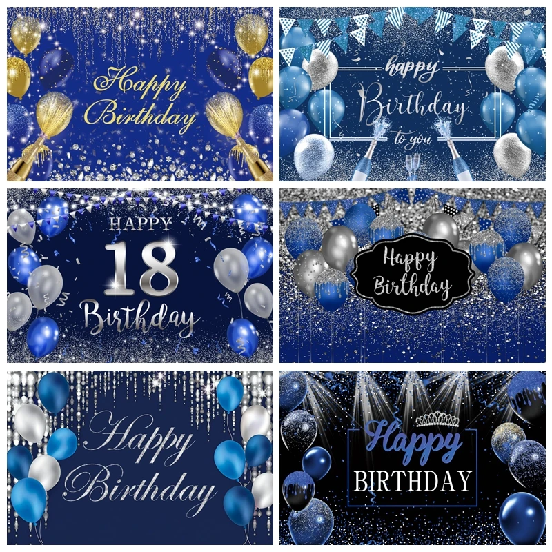 

Glitter Blue Happy Birthday Backdrop Photography Adult Men's Celebrate Party Decor Background Photo Photographic Props Photocall