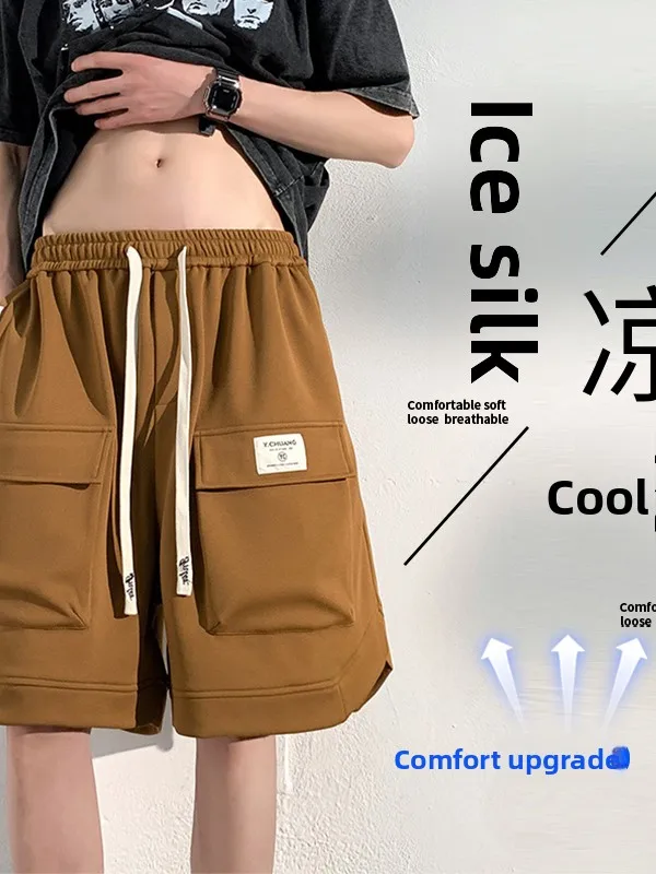 

Loose Straight Leg Workwear orts Five-Quarter Length Men's Casual Pants Multiple kets Hong Kong Sle Streeoy Faion