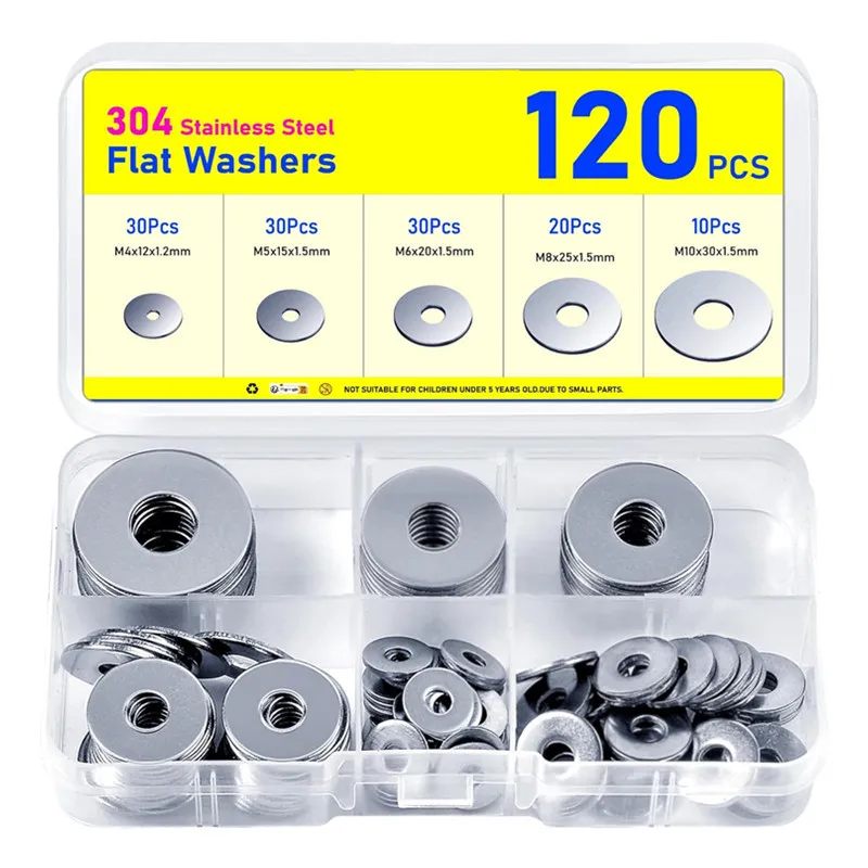 120PCS Stainless Steel Flat Washers Assortment Set 5 Sizes M4 M5 M6 M8 M10 Metal Large Washers for Screws