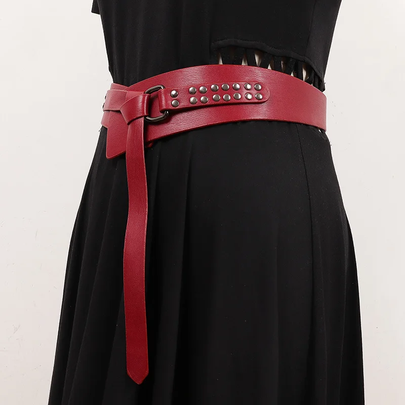 [EAM] Pu Leather Red Rivet Irregular Long Wide Belt Personality Women New Fashion Tide All-match Spring Autumn 2024 1DH7496