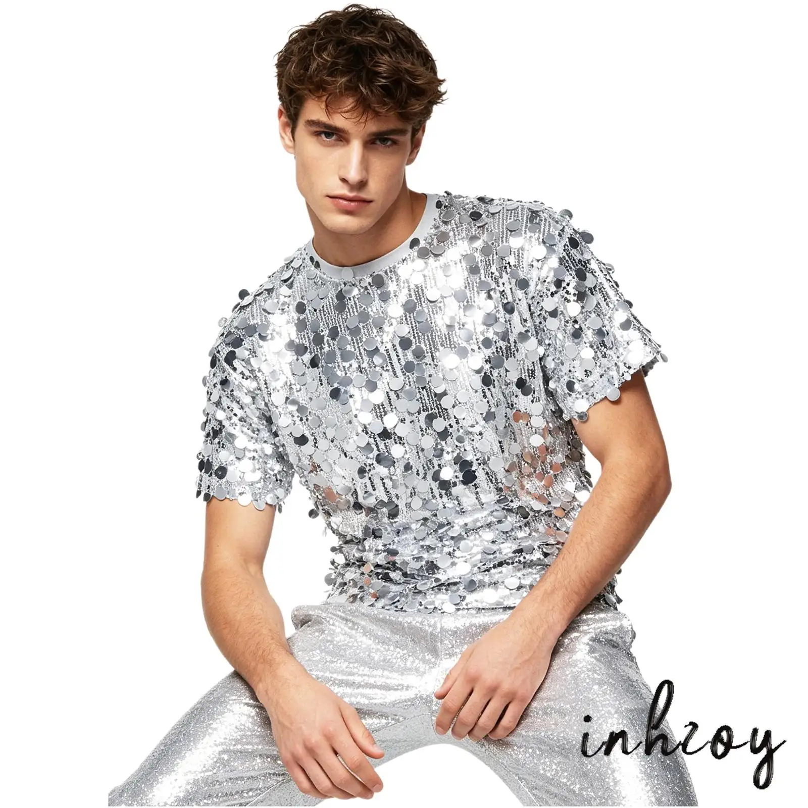 グリッターシークイン-クルーネック半袖tシャツトップス-メンズ用-裏地付き-ダンストップス-ジャズディスコダンスパーティー衣装