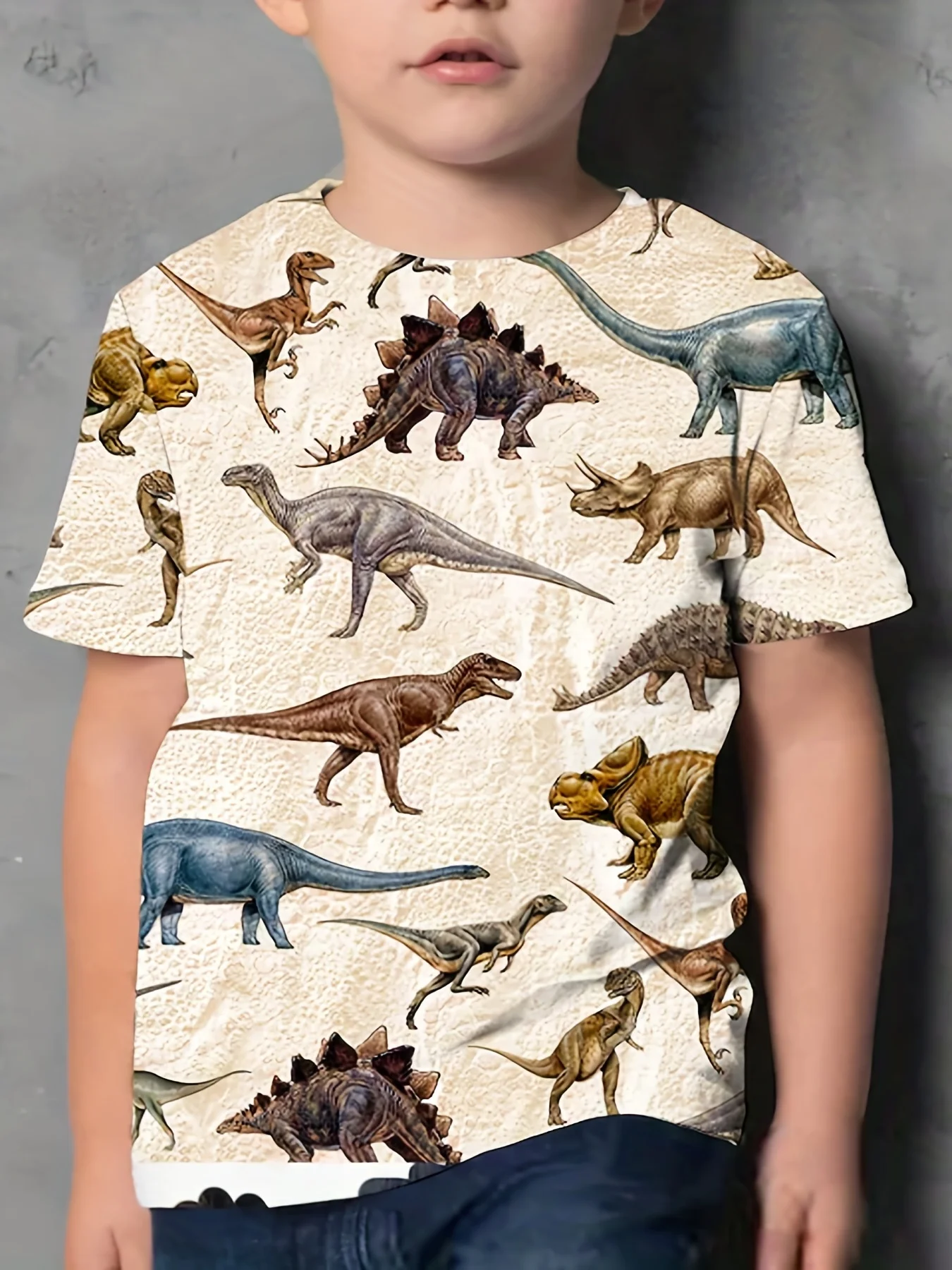 3D printed children's dinosaur pattern T-shirt casual round neck summer boy and girl children's clothing fashionable micro elast