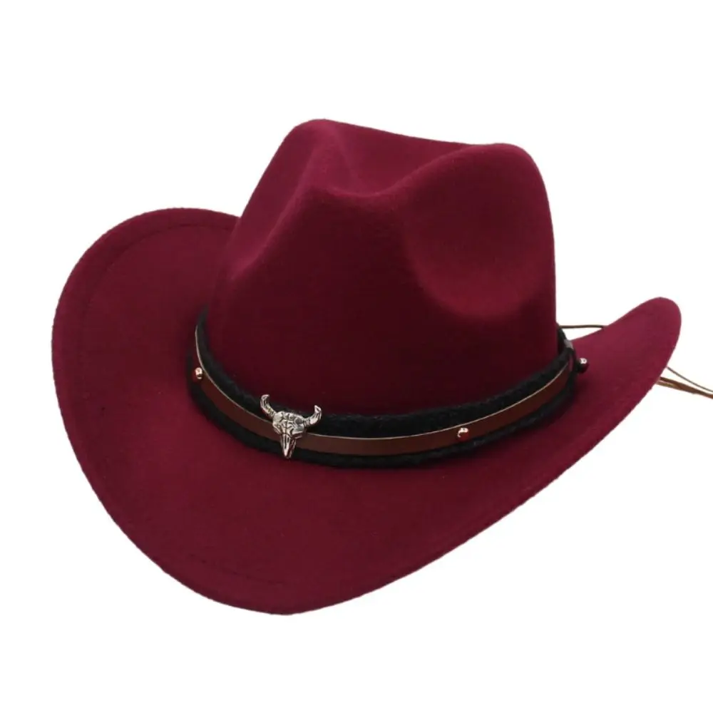 New Felt Western Cowboy Hat Ox Head Belt Roll Brim Tibetan Style Top Hat with Cow Band Ethnic Style Cowgirl Cap Women