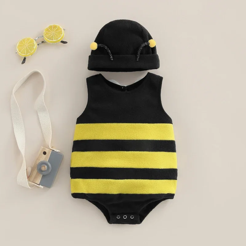 Romper lebah bayi laki-laki perempuan, jumpsuit dekorasi sayap belakang putih tanpa lengan bergaris pakaian kostum kasual bodysuit bayi dengan topi