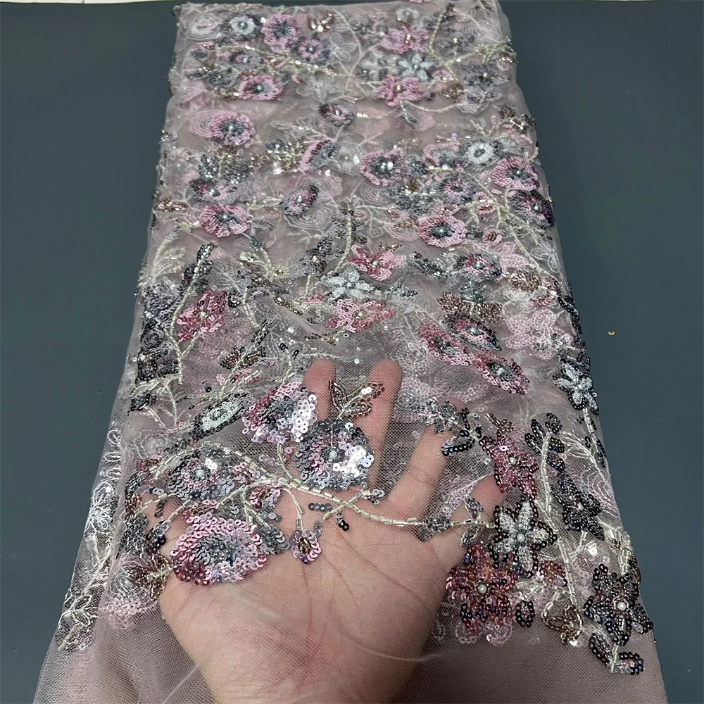

African Nigerian Tulle with Sequins Embroidery, Lace Fabric, Net Cloth, Prom Dresses, Beads Stone,High Quality,5Yards,2025 ZJ088