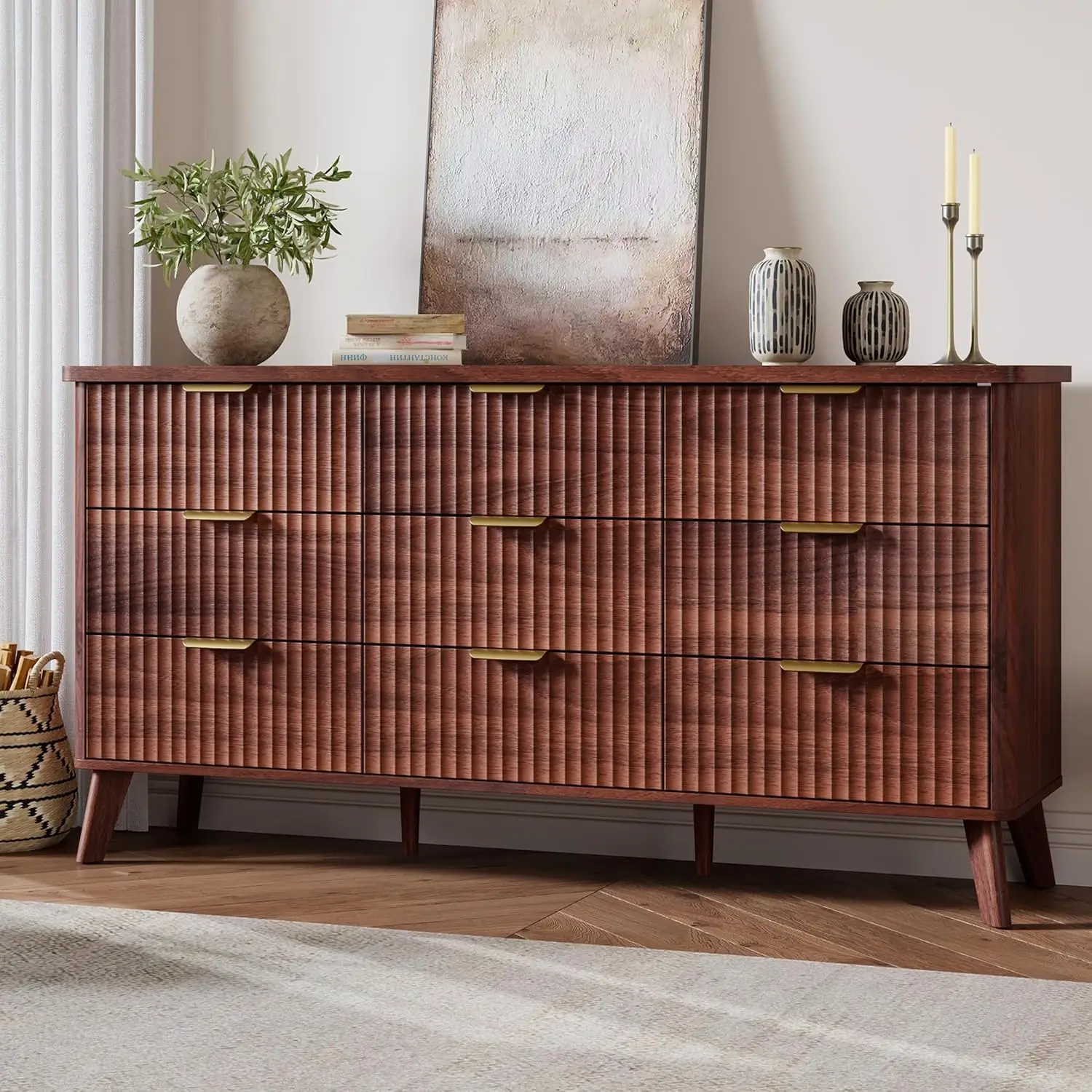 Walnut Wooden 9 Deep Drawer Fluted Dresser with Curved Profile for Bedroom, Living Room, Kids Room, Hallway