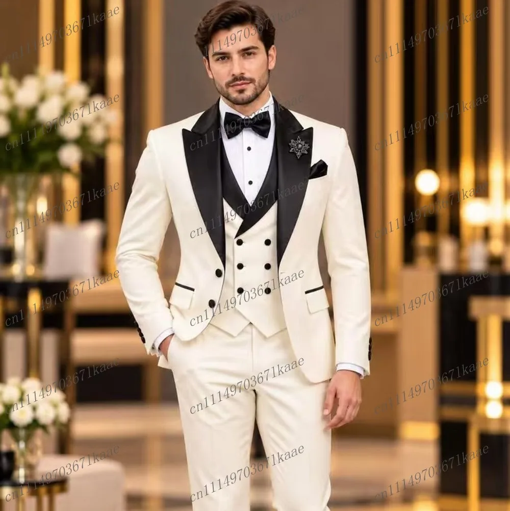 Black Collar And White Formal Men Suit Wedding Party Groom Groomsman Male Tuxedos Costume 3 Piece Set Jacket Vest Pants B11