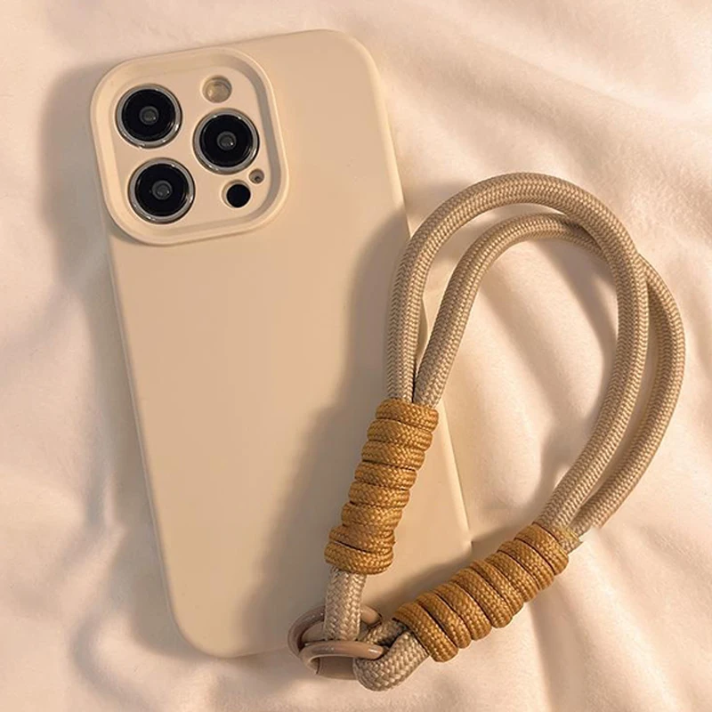 حبل الهاتف المحمول Chic INS Style، مضفر ولون خالص، سوار معصم مضاد للخسارة مع فاصل ساحر