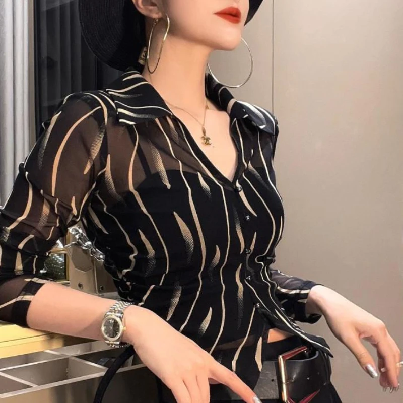 Female Crop Tops Striped Transparent Black Summer Full Long Sleeve Sexy Button Up Women\'s Shirt and Blouse See-through Chic M Xl