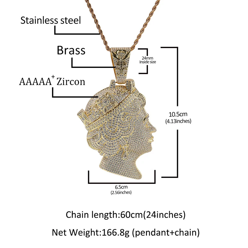 Hip Hop 5A+ CZ Stone Bling Iced Out Big Size The Queen Elizabeth Pendant Necklace For Men Charm Rapper Jewelry Gold Silver Color