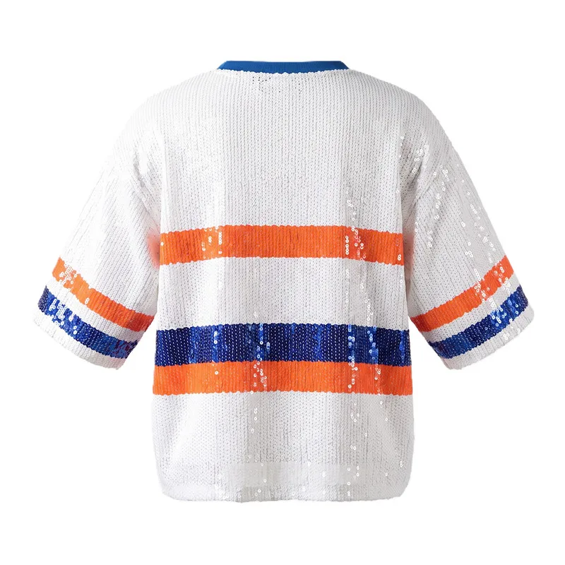 Summer New Minimalist Round Neck Women Short Sleeved T-shirt Fashion Sequins Female Short Casual Tops