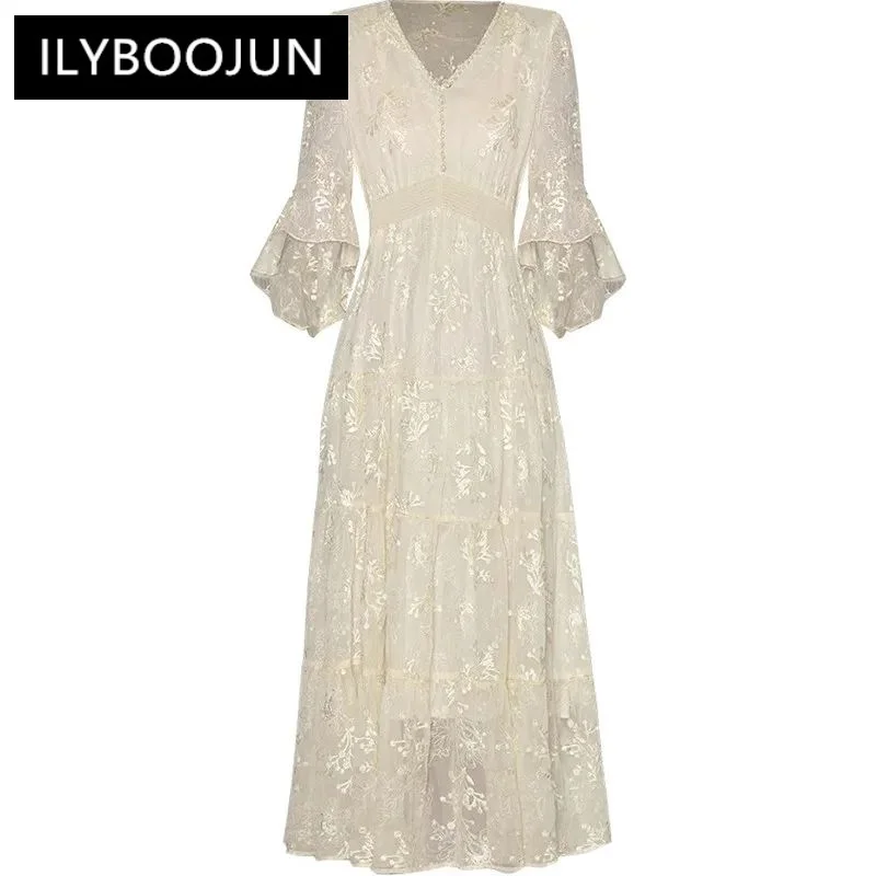 

ILYBOOJUN Spring Summer Women's Dress V-Neck Flare Sleeved Beading Embroidery Elastic Waist Streetwear Fashion Dresses