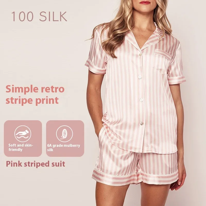 Women's 100% Silk Pajamas Set Luxurious Short Sleeve Turn-down Collar Button Top & Shorts Sleepwear Loungewear Summer Nightwear