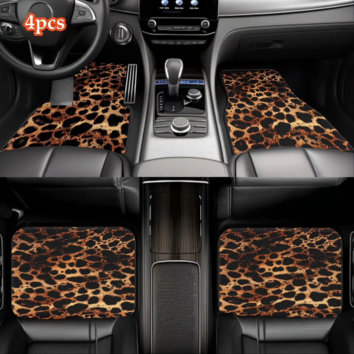 

4pcs Leopard Print Car Floor Mats - Stylish & Durable Polyester All-Season Protection For Front & Rear Seats, Fit For All Vehicl