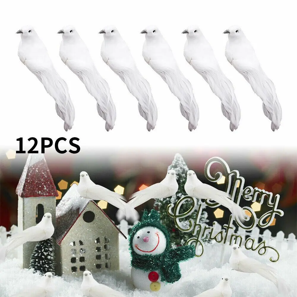 12Pcs Artificial White Feather Birds Dove Christmas Tree Decoration Bird Bauble