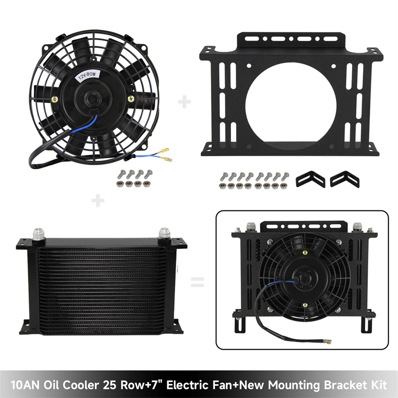 

25 Row Universal Transmission 10AN 7/8"-14 UNF Oil Cooler + 7" Electric Fan Kit with New Type Mounting Bracket Kit Black/Silver