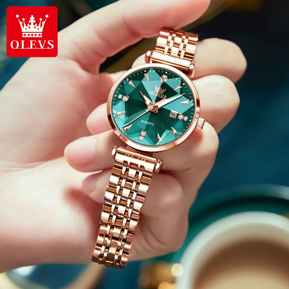 OLEVS Fashion Rhombus Mirror Green Quartz Womens Watches Top Brand Luxury Stainless Steel Waterproof Luminous Date Watch Women