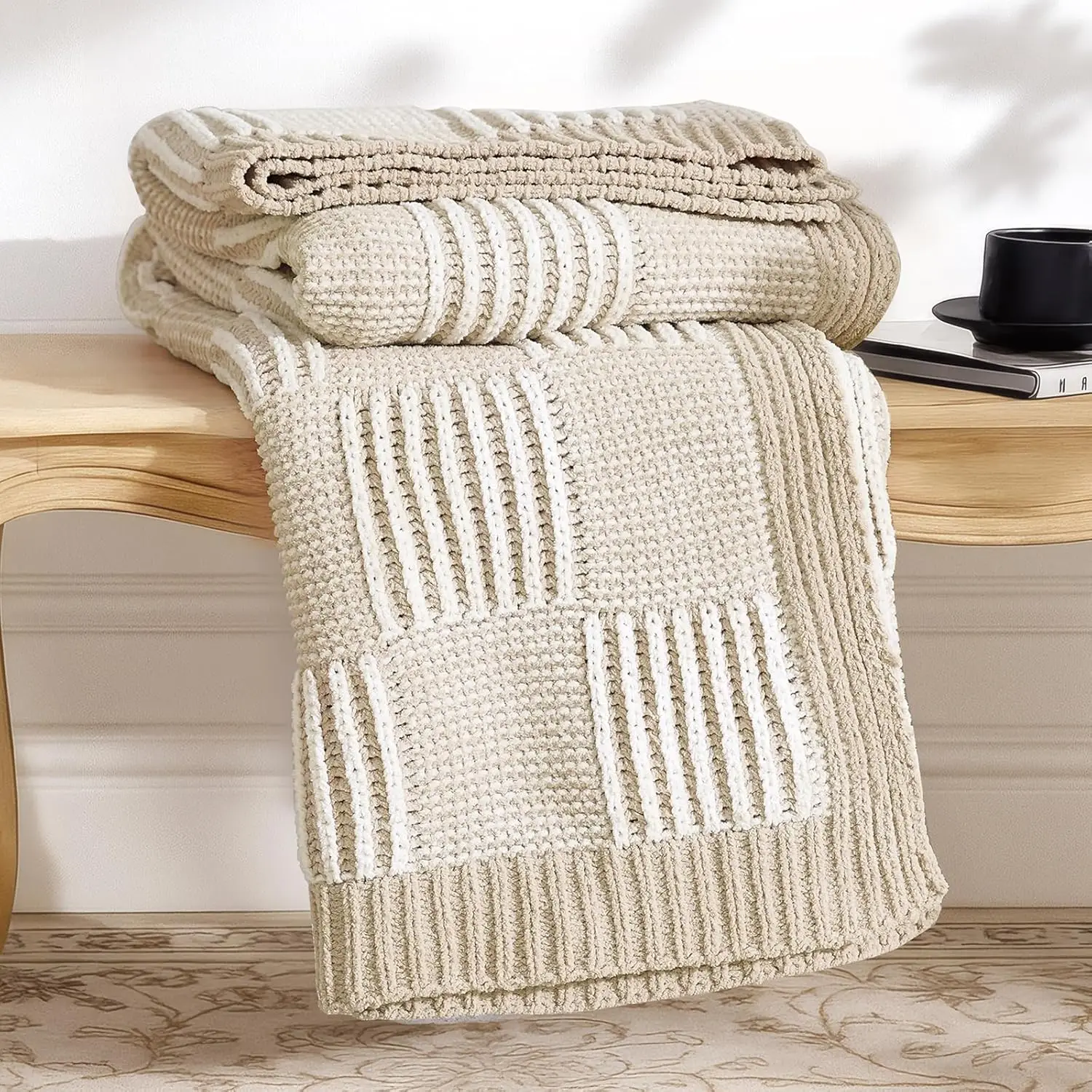 

Chunky Chenille Knit Throw Blanket, Soft Cozy Decorative Blanket for Couch, Bed & Sofa, Lightweight Warm Gift, Beige 60"x80"