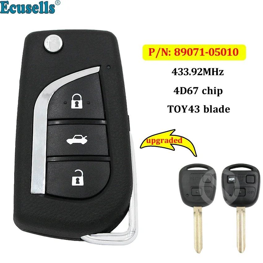 

Upgraded Remote Key Fob 433.92MHz 4D67 Chip for Toyota Avensis 2003-2008 P/N:89071-05010 Uncut TOY43 Blade