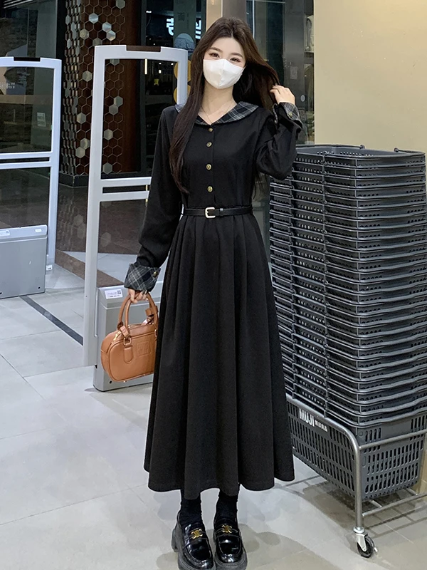 

plus Size Thickened Plaid Splicing Woolen Dress Autumn Winter New Style Waist Cinching Slimming Design Long Dress for Women