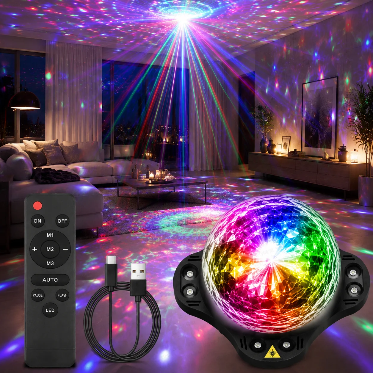 4-in-1 RGB Disco Party Light with Remote Control, Music Sync LED DJ Stage Light, Colorful Dance Lights for Birthday Party, Home view 2