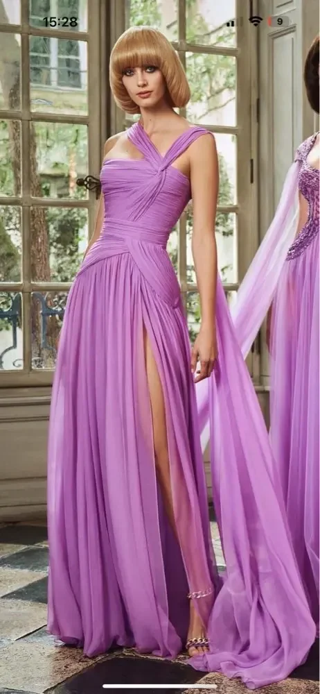 Customized Hot Sale One Shoulder Purple Ruffle Chiffon Evening Dresses A-line Floor-Length فساتين السهرة vestidos de fiesta