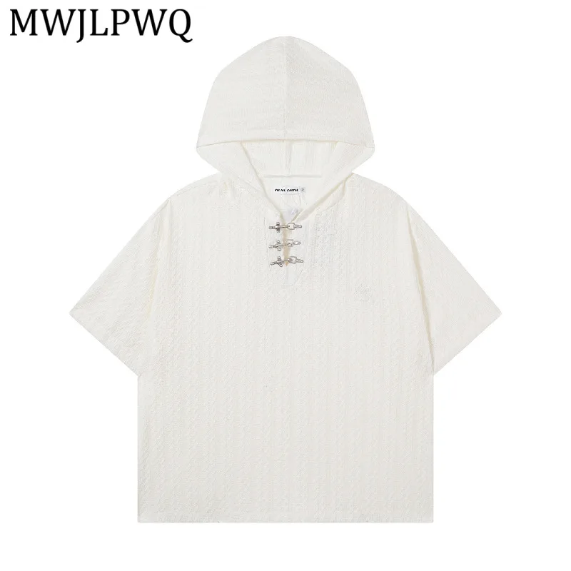 

MWJLPWQ Men's Textured Knit Hooded T-Shirt Metal Buckle V-Neck Casual Pullover Loose Fit Male Daily Wear Top 2026 Summer 15550