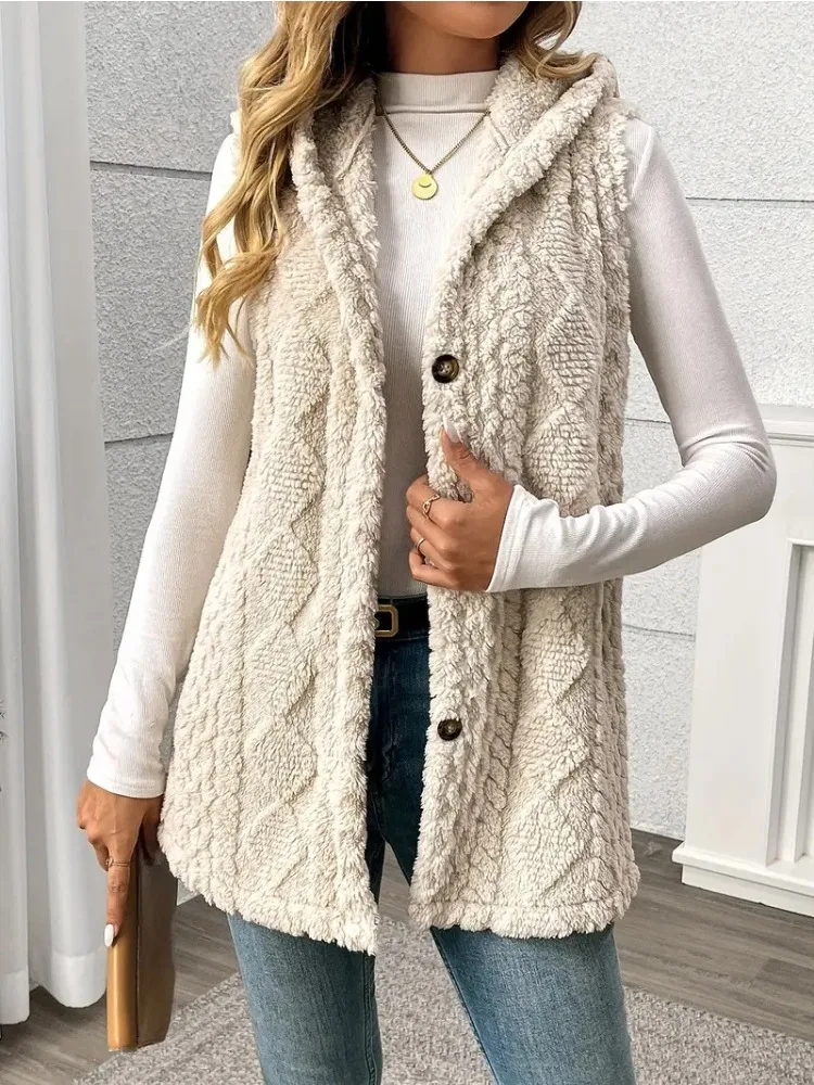 2026 Women Thick Warm Plush Vest Coat Hooded Sleeveless Waistcoat Lady Autumn Winter Casual Fuzzy Button Outerwear Apricot