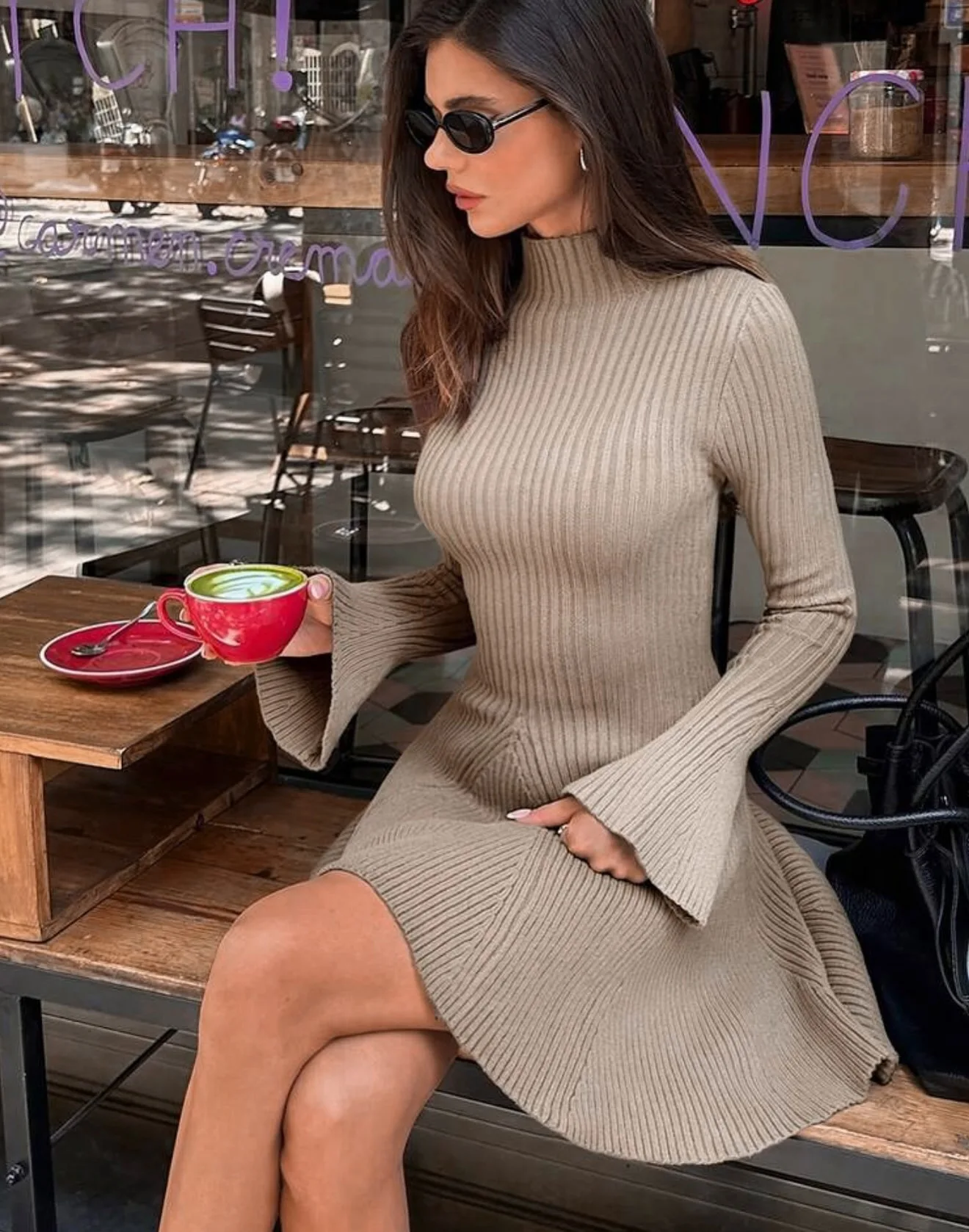 Knitted Slim Fit Dress Elegant Solid Color Simple Fashion Commuting Style Long Sleeved High Neck Waist Cinching Short Dresses