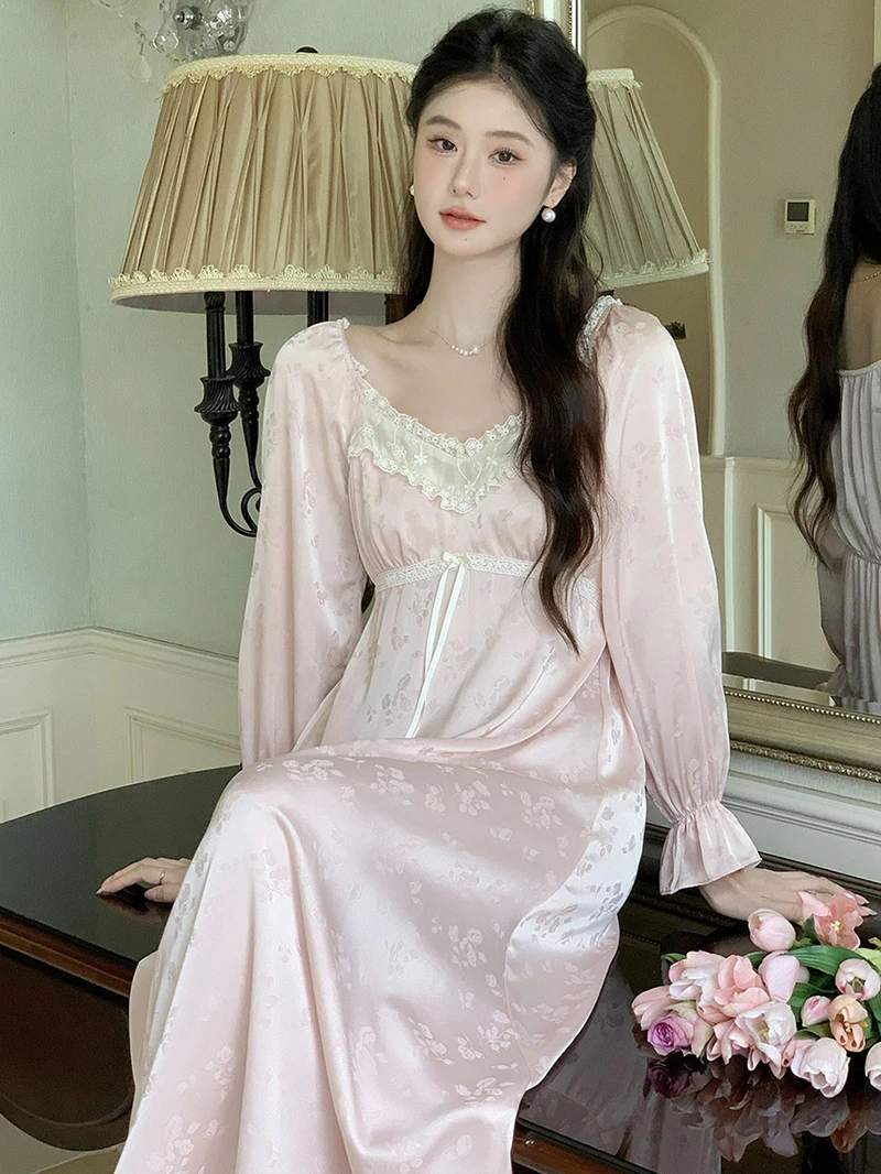 Women French Vintage Pajamas Autumn Fairy Silk Long Sleeve Nightgown Princess Nightgown Night Dress Victorian Home Clothes