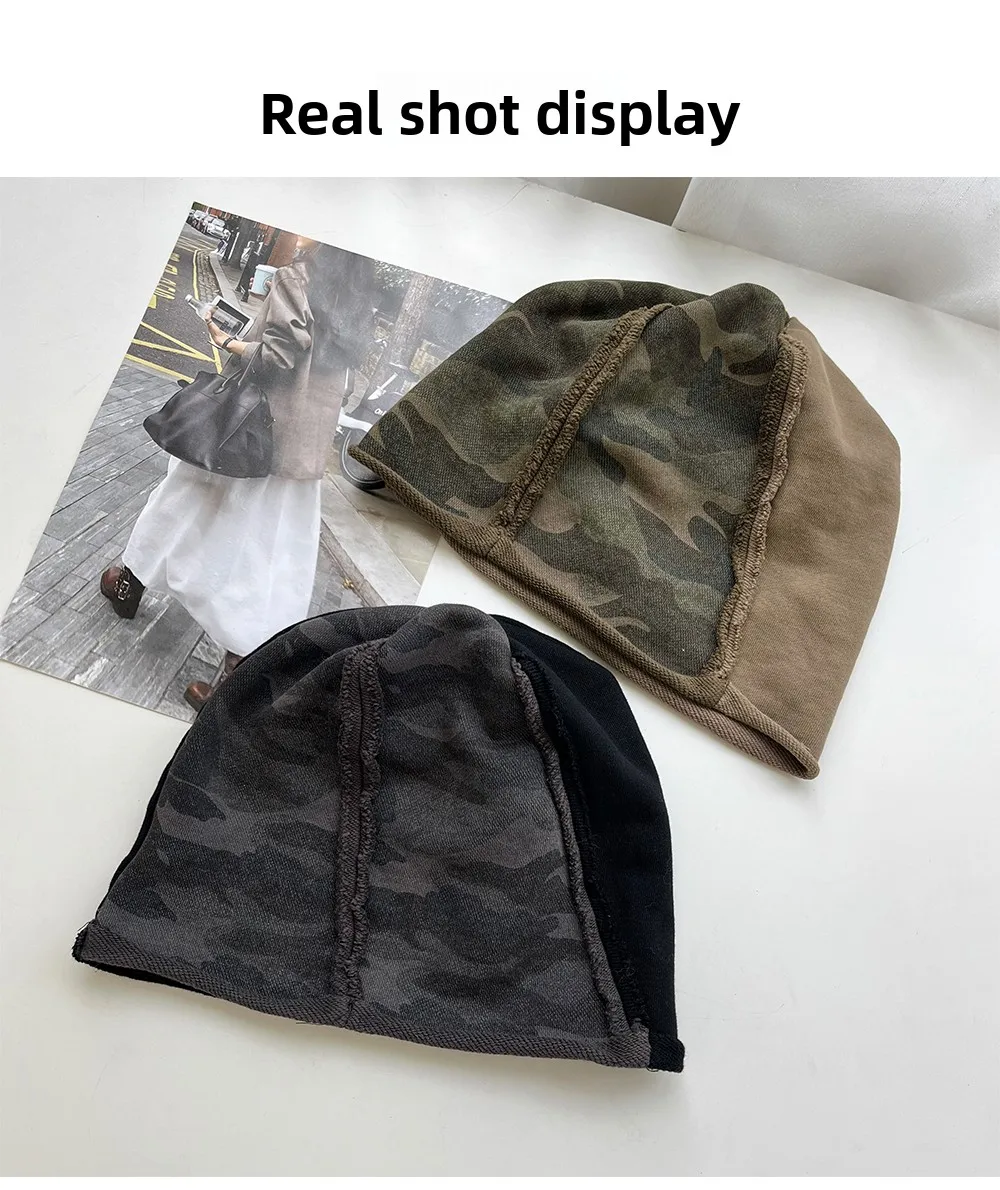 Retro crimping old camouflage splicing stack hat female face small versatile street cold hat Korean version casual bag head hat