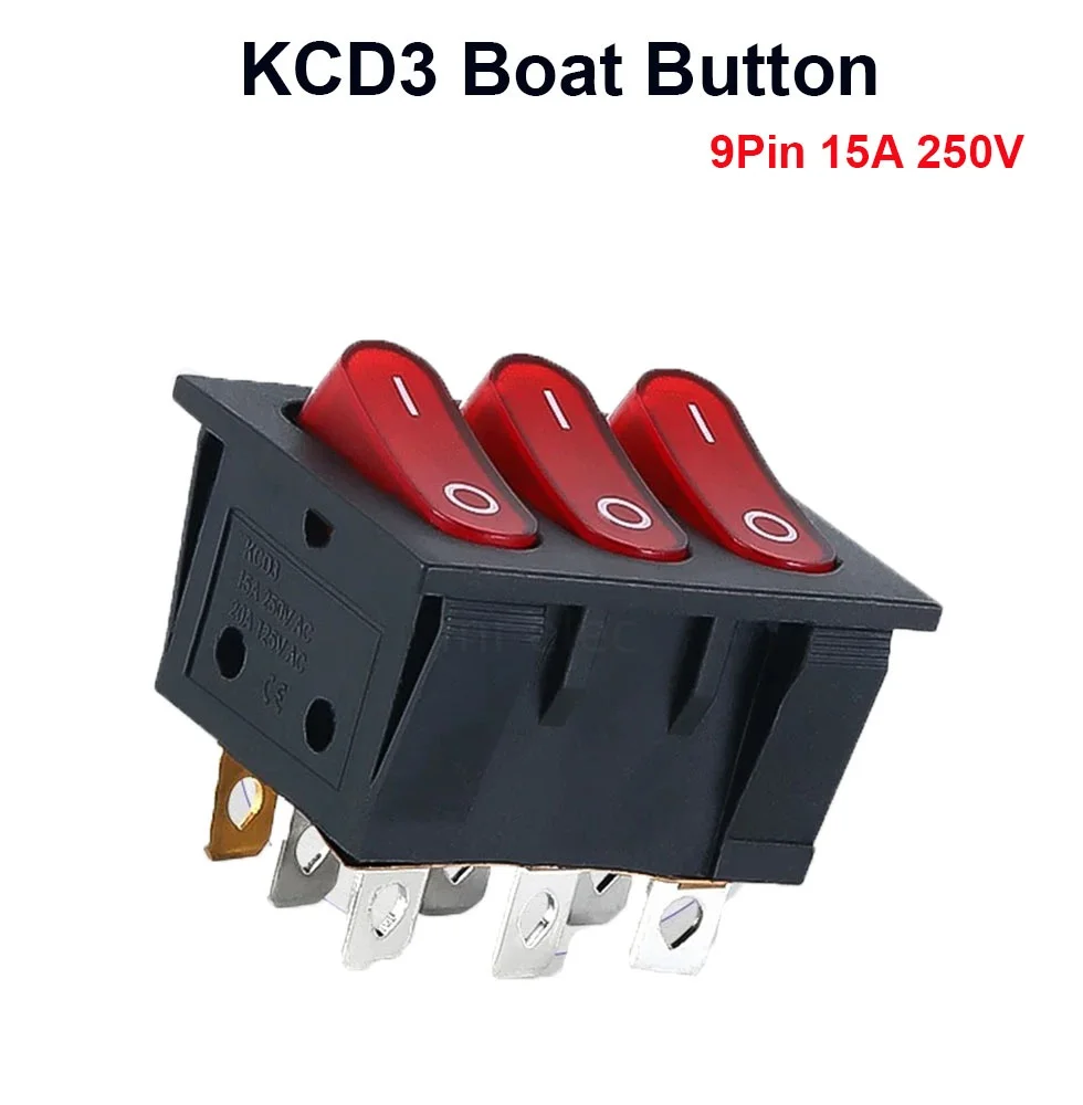 rocker switch KCD3   9pin 2 gear red with light 3chip  three row  switch power supply  2 Position ON-OFF/ON-ON 16A/30A 250VAC