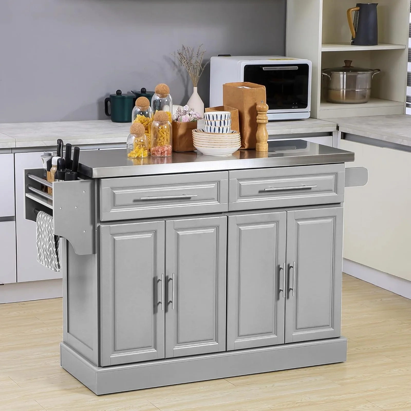 US Rolling Kitchen Island with Storage, Portable Kitchen Cart with Stainless Steel Top, 2 Drawers, Spice, Knife and Towe