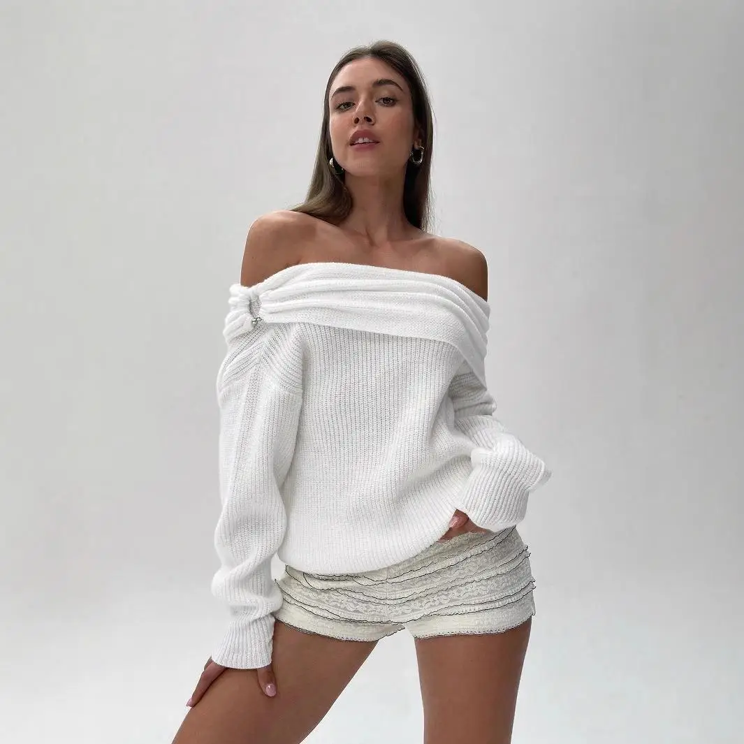 

Ele сексуальный вязаный однотонный свитер с оulder из неолона, длинный свек, ультратонкое зимнее модное женское шерстяное пальто премиум-класса