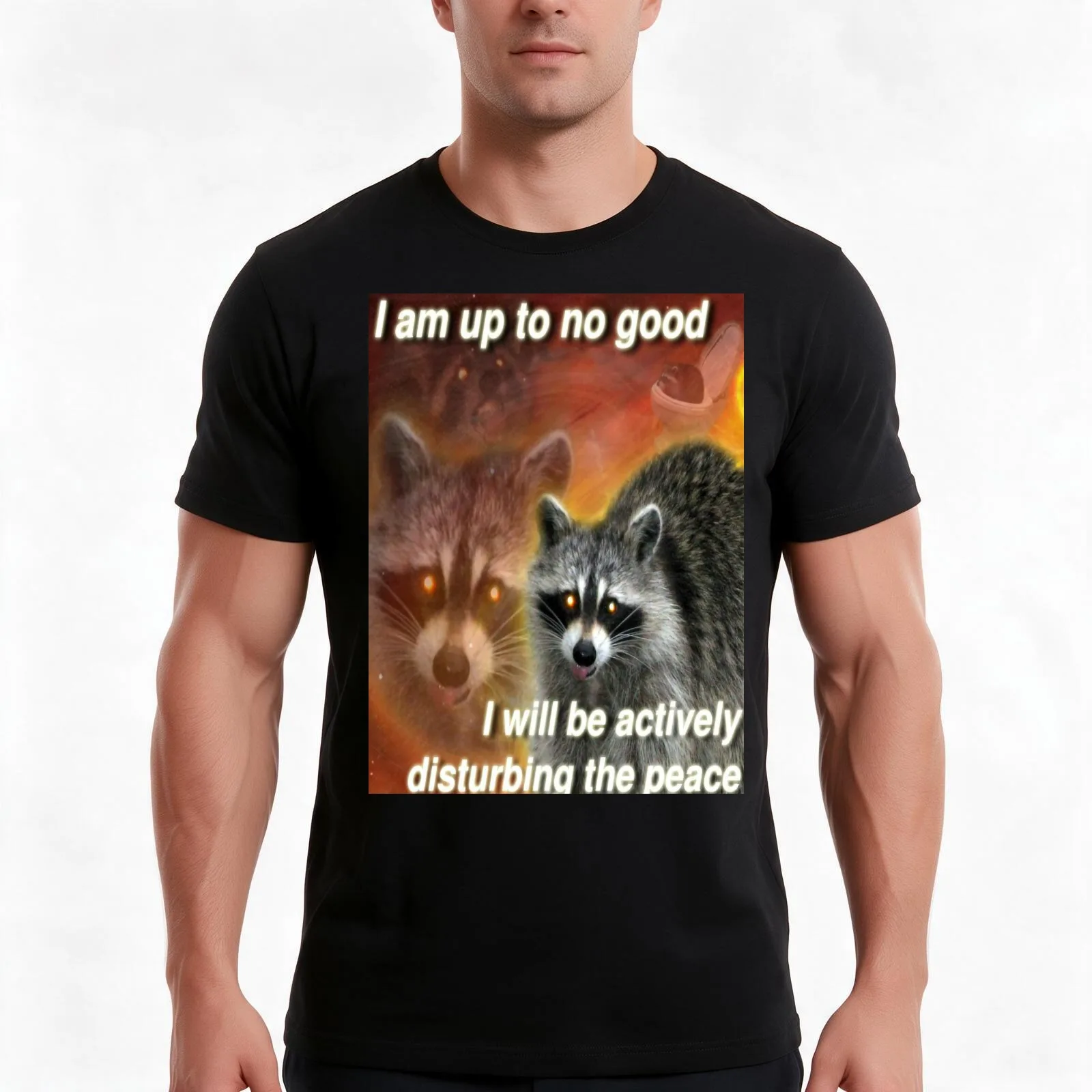 I am up to no good, I will be actively disturbing the peace - funny raccoon quote T-Shirt, Summer Casual Cotton Tee, 100% Cotton