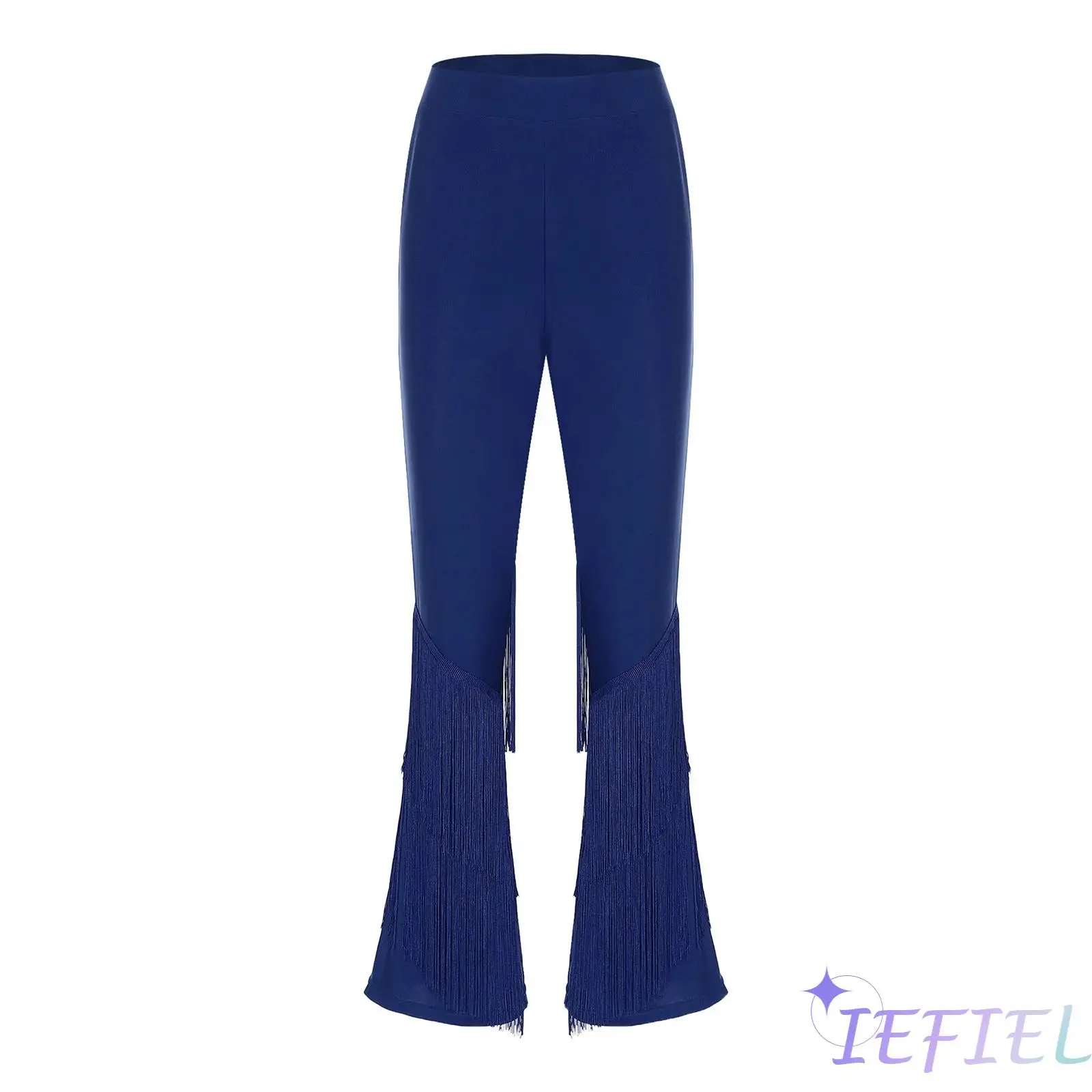 

Womens Elegant Latin Tango Dance Pants Elastic Waistband Flared Long Pants with Tiered Tassel on Legs for Rumba Salsa Jazz Dance