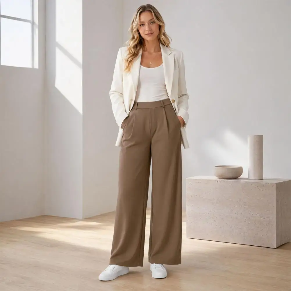 Chic High Rise Suit Pants for Women, Smooth Wrinkle Resistant Wide Leg Casual Business Wear
