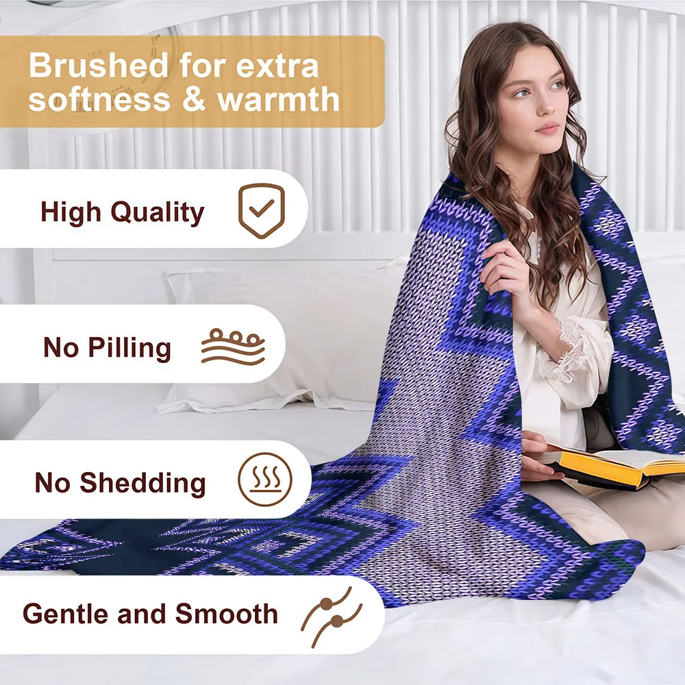 blue fair isle knit Soft Warm Flannel Blanket Lightweight Cozy Christmas Halloween Home Decor Room