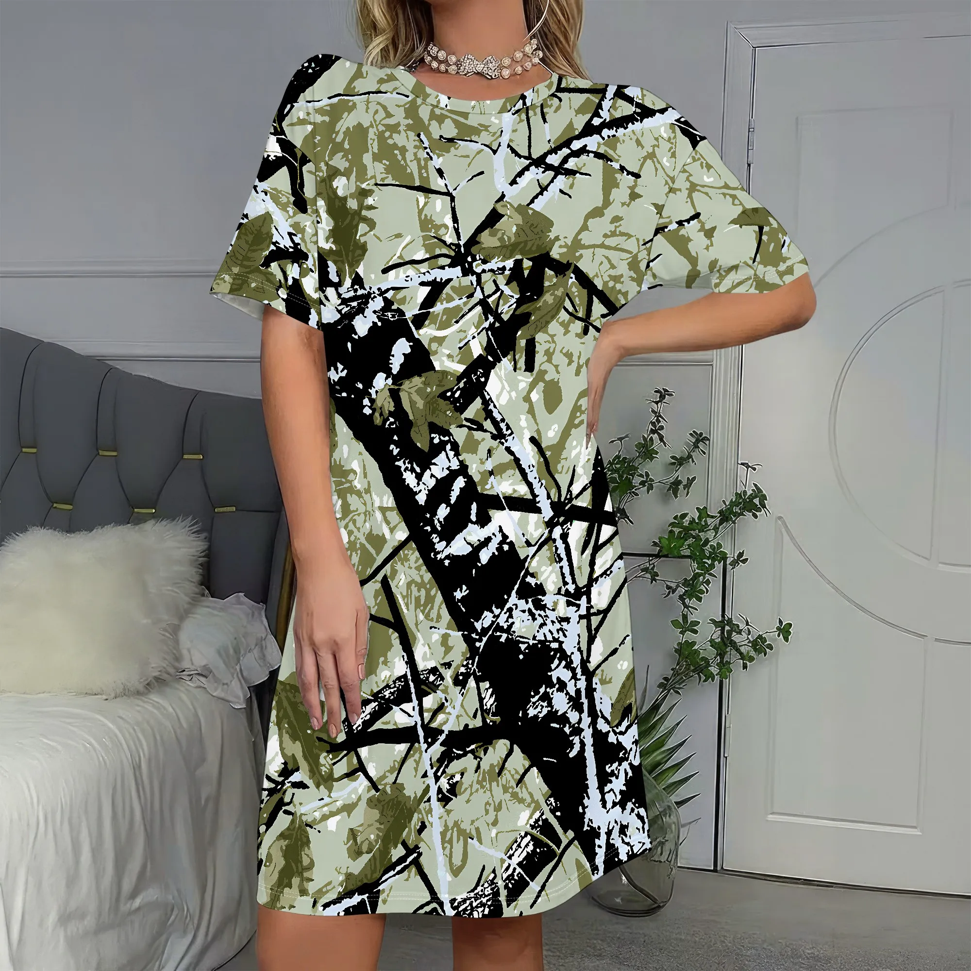 

Camouflage Print, Short Sleeve Dress, Casual Camo Tunic, Army Green Patterned Shift, Women's Summer Wear, S-2XL