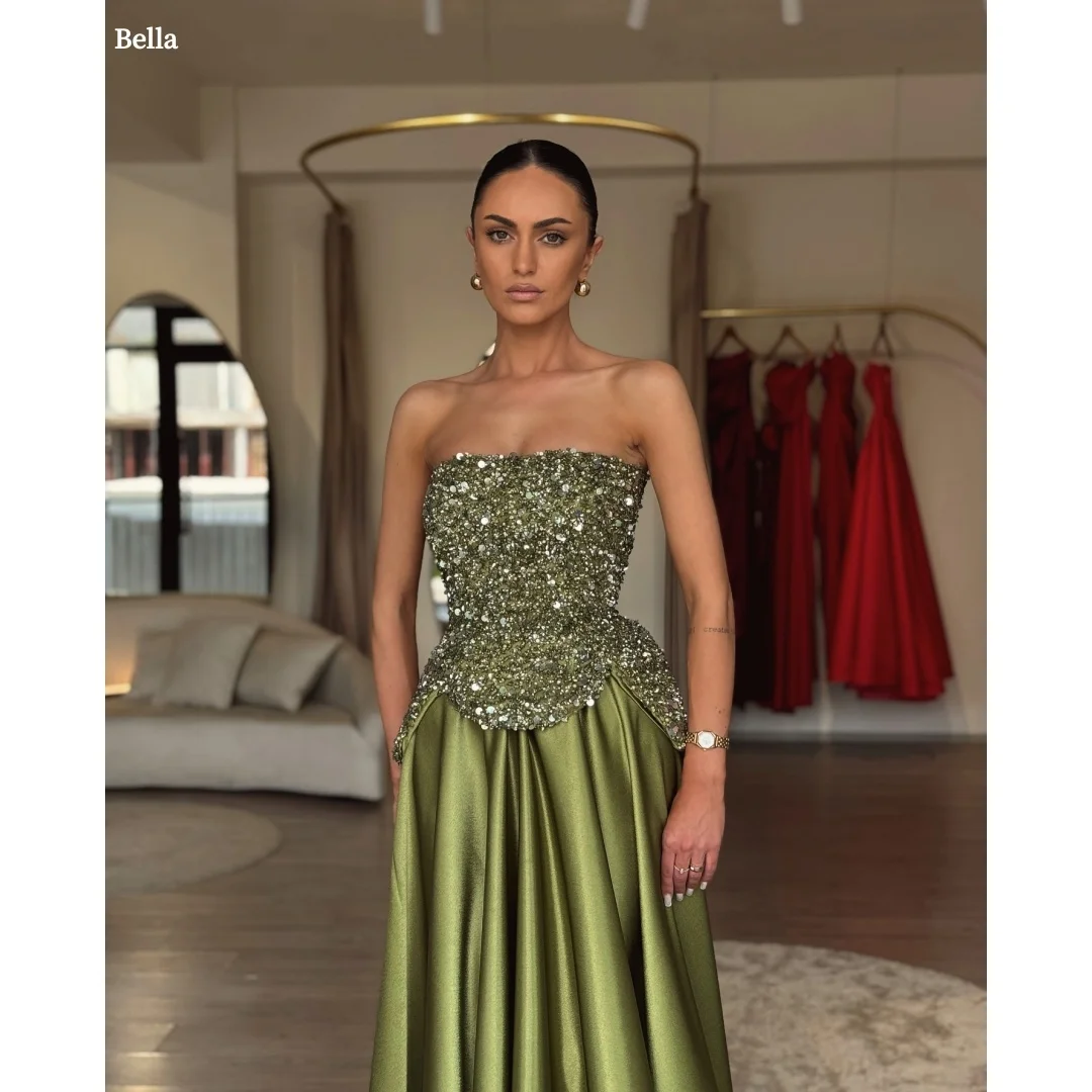 

Bella Customized Olive Green Strapless Sequin Prom Dress Satin Flared Skirt Party Dresses Elegant Formal robes de soirée 2025